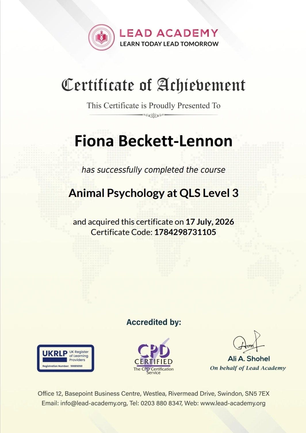 Certificate of Achievement — Animal Psychology at QLS Level 3